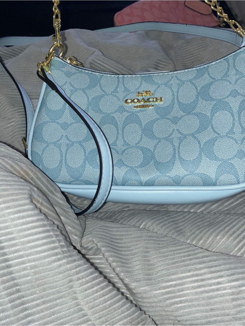 COACH Light Blue Signature Canvas Shoulder Bag with Gold Hardware